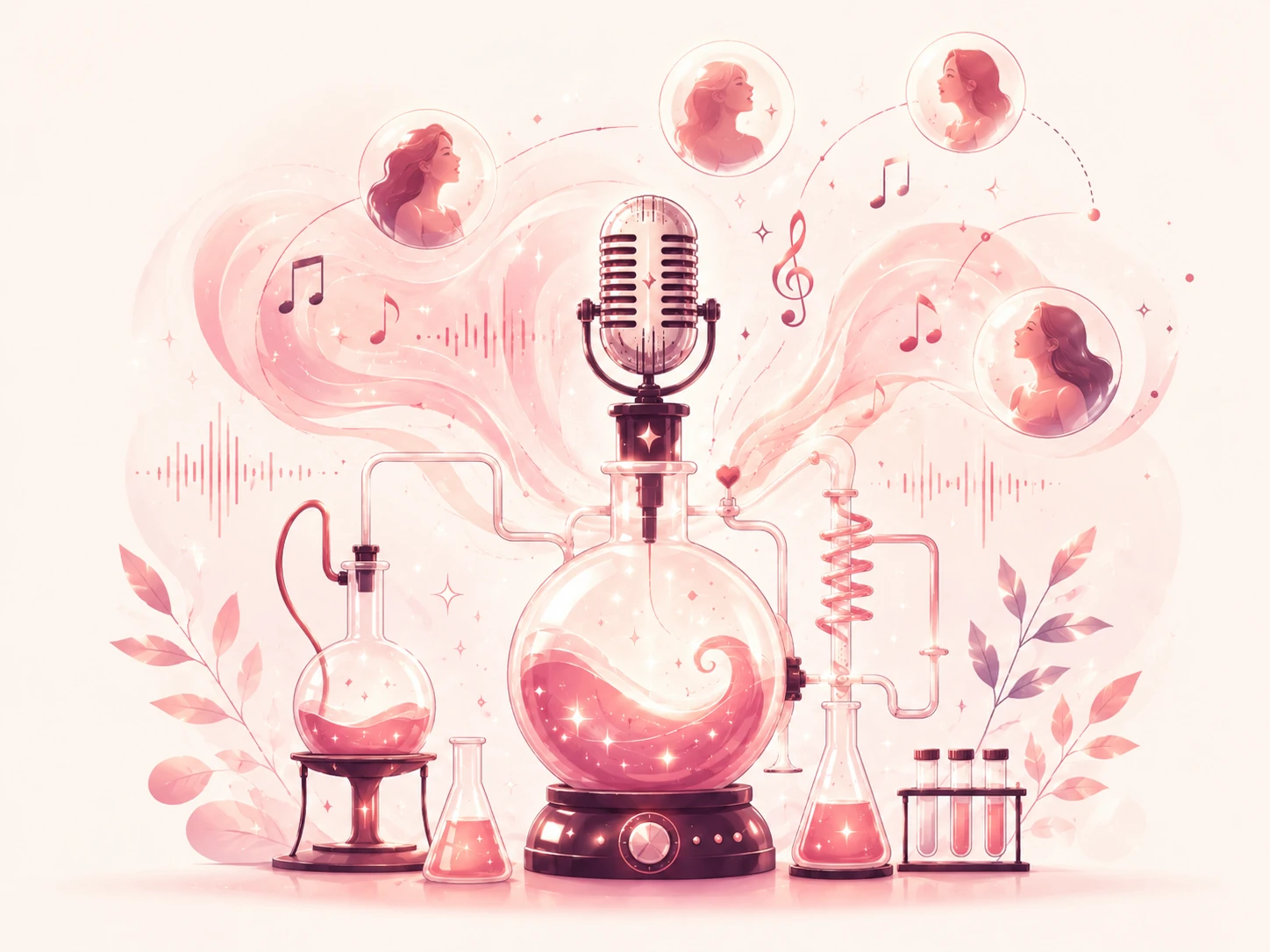 Creative vocal laboratory illustration with a microphone, laboratory instruments, musical waves and a community of singers.